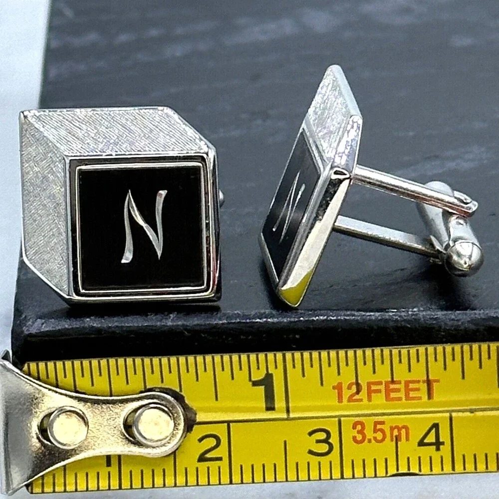 Swank Vintage Silver Tone Etched Monogram Initial N Letter Bullet Back Cufflinks